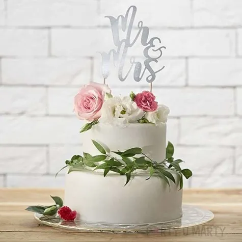 dekoracja na tort mr mrs srebrna partydeco 25 5 cm