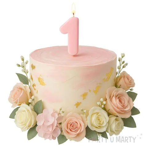 dekoracja na tort na roczek swieczka cyfra 1 urodziny rozowy 10 cm