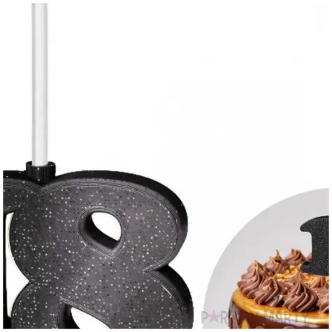 dekoracja na tort swiecznik liczba 18 brokatowa biala swieczka czarny