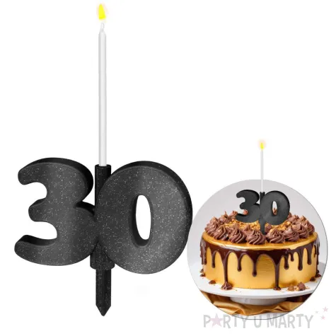 dekoracja na tort swiecznik liczba 30 biala swieczka czarny brokat