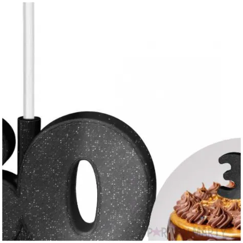 dekoracja na tort swiecznik liczba 30 brokatowa biala swieczka czarny brokat