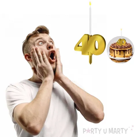 dekoracja na tort swiecznik liczba 40 biala swieczka zloty