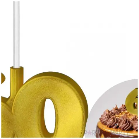 dekoracja na tort swiecznik liczba 60 biala swieczka zloty