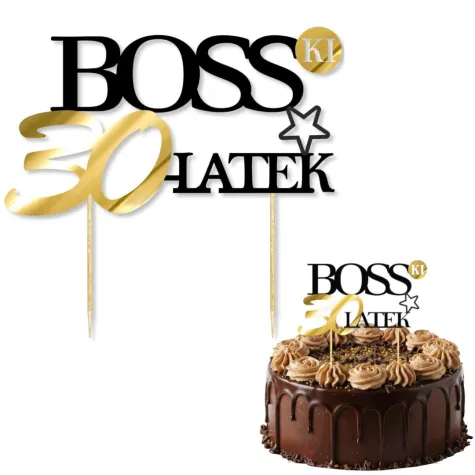 dekoracja na tort topper papierowy bosski 30 latek zloto czarny 16 cm