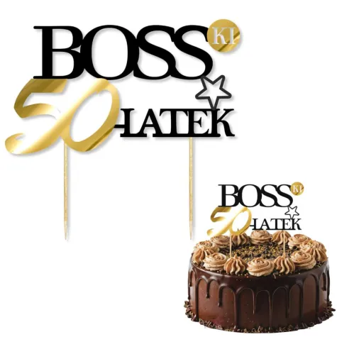 dekoracja na tort topper papierowy bosski 50 latek zloto czarny 16 cm