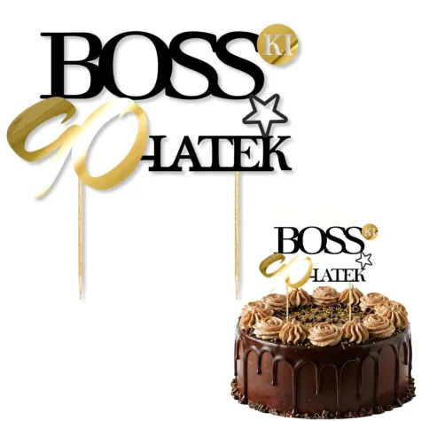 dekoracja na tort topper papierowy bosski 90 latek zloto czarny 16 cm