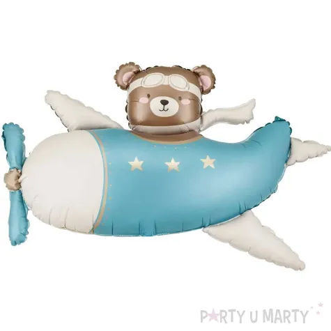 dekoracja na urodziny baby shower chlopca balon foliowy mis w samolocie niebieski