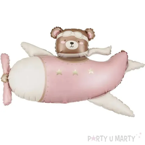 dekoracja na urodziny baby shower dziewczynki balon foliowy mis w samolocie rozowy jasny 44