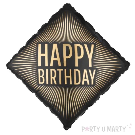 dekoracja na urodziny balon foliowy happy birthdfay czarno zloty matowy 20 sqr