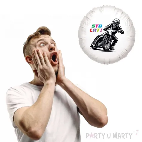 dekoracja na urodziny balon foliowy zuzel sto lat bialy do girland motocykl 18 rnd