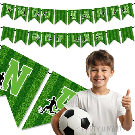dekoracja na urodziny baner personalizowany pilka nozna wlasny napis girlanda 20 flag 400 cm