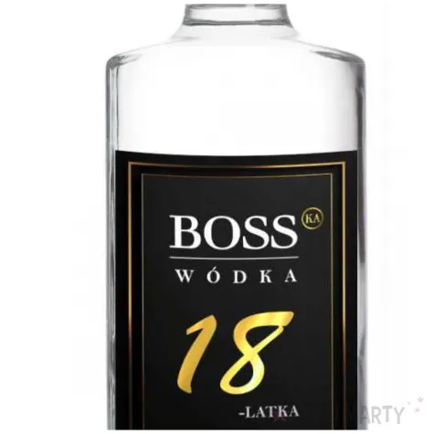 dekoracja na urodziny etykiety na butelki bosski 18 latek czarne 85x120 mm 5 szt