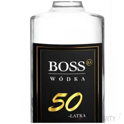 dekoracja na urodziny etykiety na butelki bosski 50 latek czarne 85x120 mm 5 szt