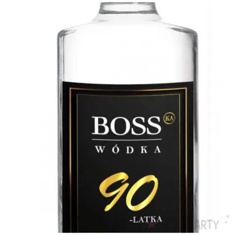 dekoracja na urodziny etykiety na butelki bosski 90 latek czarne 85x120 mm 5 szt