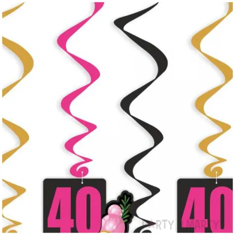 dekoracja na urodziny swiderki wiszace liczba 40 baloniki czarno rozowe 6 szt