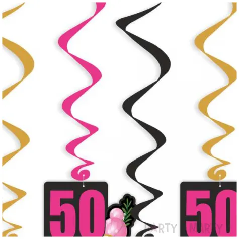 dekoracja na urodziny swiderki wiszace liczba 50 baloniki czarno rozowe 6 szt
