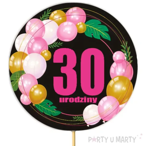 dekoracja na urodziny topper papierowy na tort liczba 30 baloniki czarno rozowy 18 5 x 11 cm