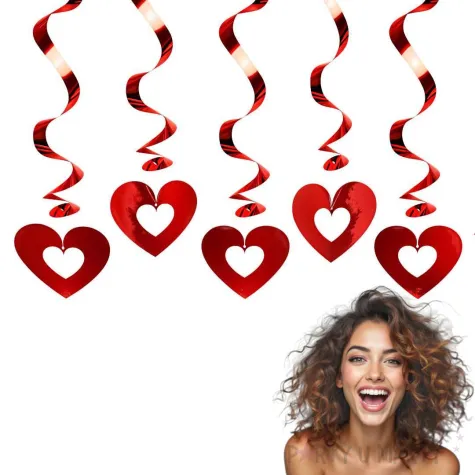 dekoracja na walentynki swiderki wiszace serca czerwony metalik partydeco 5 szt