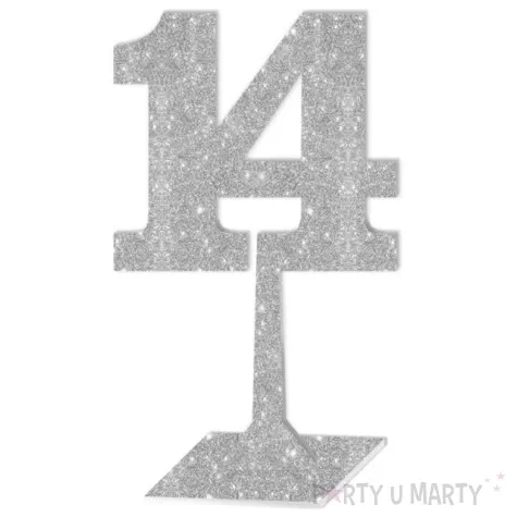 dekoracja numer na stol 14 srebrny brokat 19 cm