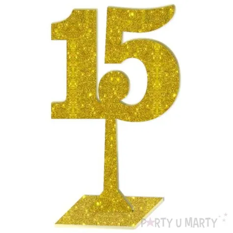 dekoracja numer na stol 15 zloty brokat 19 cm