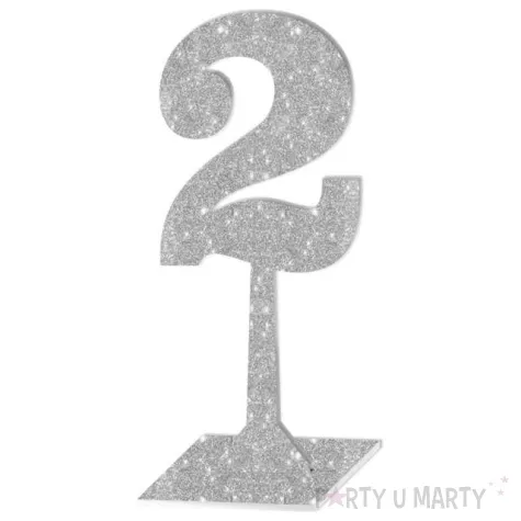 dekoracja numer na stol 2 srebrny brokat 19 cm