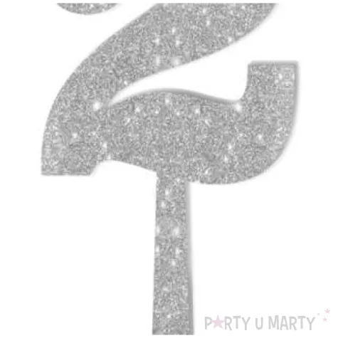 dekoracja numer na stol 2 srebrny brokat 19 cm
