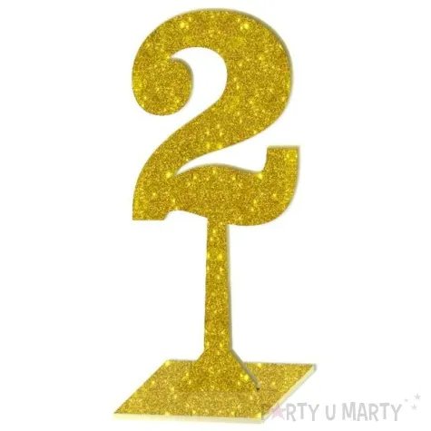 dekoracja numer na stol 2 zloty brokat 19 cm