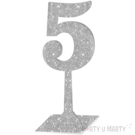 dekoracja numer na stol 5 srebrny brokat 19 cm