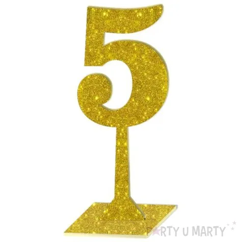 dekoracja numer na stol 5 zloty brokat 19 cm