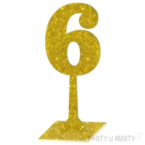 dekoracja numer na stol 6 zloty brokat 19 cm