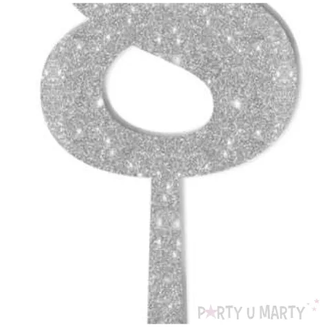 dekoracja numer na stol 8 srebrny brokat 19 cm