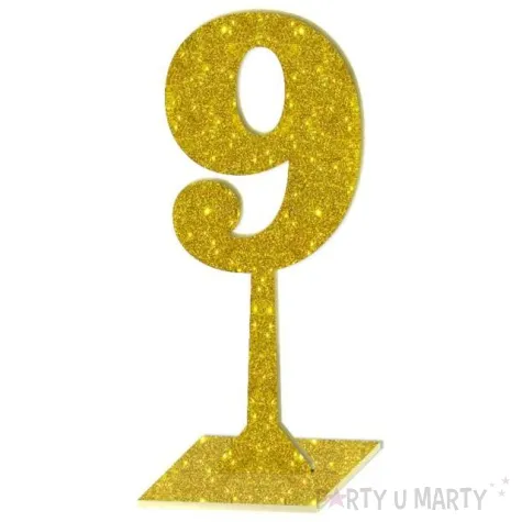 dekoracja numer na stol 9 zloty brokat 19 cm