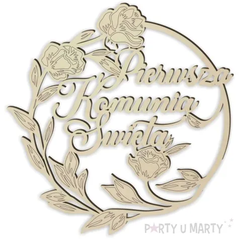 dekoracja obrecz okragla i komunia swieta z kwiatami drewniana 39cm