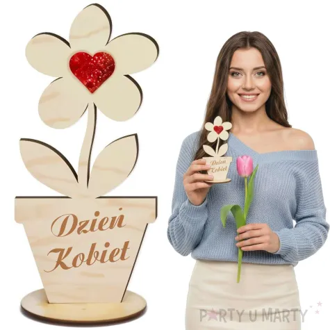 dekoracja prezent na dzien kobiet drewniana figurka kwiatek z sercem holo 14 cm