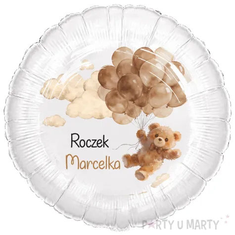 dekoracja prezent na roczek 1 urodziny personalizowany balon foliowy bezowy mis imie
