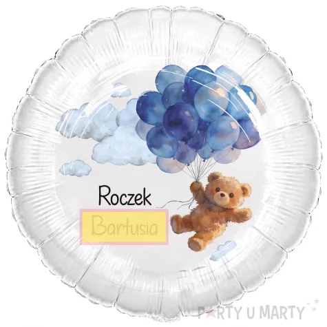 dekoracja prezent na roczek chlopca 1 urodziny personalizowany balon foliowy niebieski mis imie