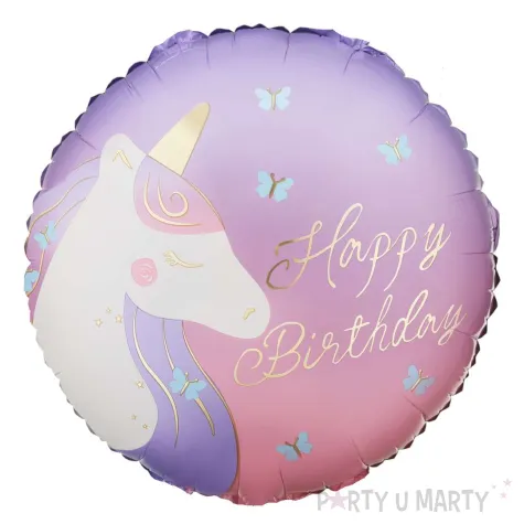dekoracja prezent na urodziny balon foliowy jednorozec happy birthday rozowy 18 rnd