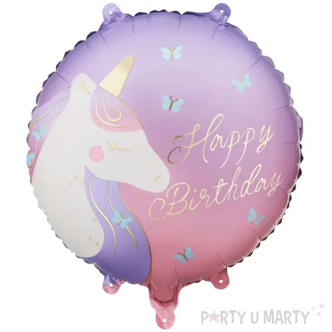 dekoracja prezent na urodziny balon foliowy jednorozec happy birthday rozowy 18 rnd