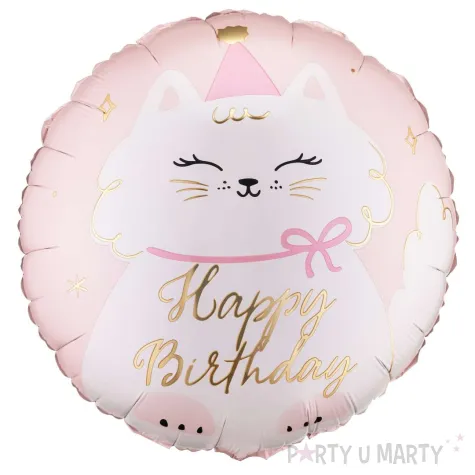 dekoracja prezent na urodziny balon foliowy kotek happy birthday rozowy 18 rnd