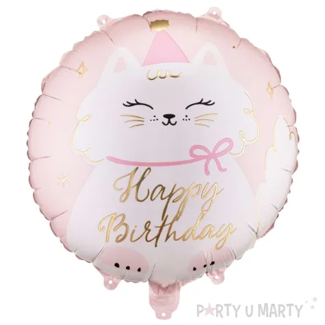 dekoracja prezent na urodziny balon foliowy kotek happy birthday rozowy 18 rnd