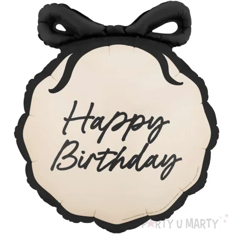 dekoracja prezent na urodziny balon foliowy z kokardka happy birthday kremowo czarny 22 cale