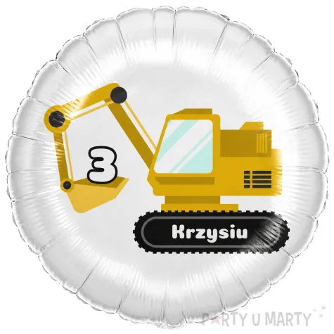 dekoracja prezent na urodziny dla chlopca balon foliowy budowa koparka personalizacja bialy