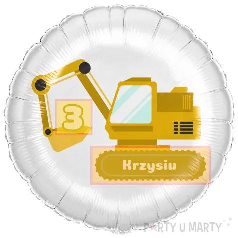 dekoracja prezent na urodziny dla chlopca balon foliowy budowa koparka personalizacja bialy