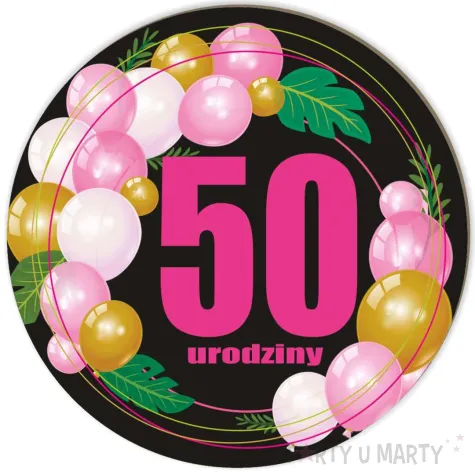 dekoracja sali na urodziny tablica powitalna liczba 50 baloniki czarno rozowa