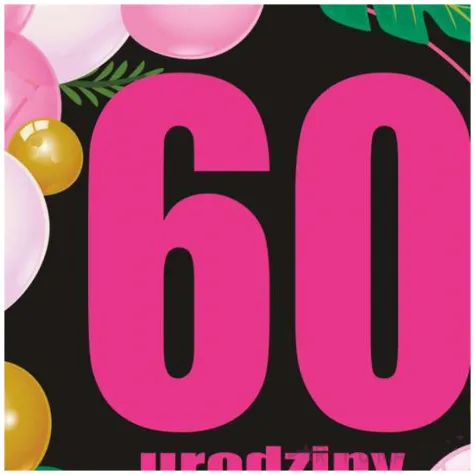 dekoracja sali na urodziny tablica powitalna liczba 60 baloniki czarno rozowa