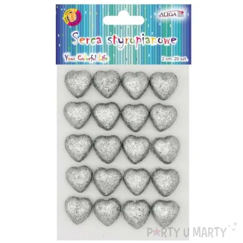 dekoracja serca brokatowe styropian srebrna aliga 20 szt