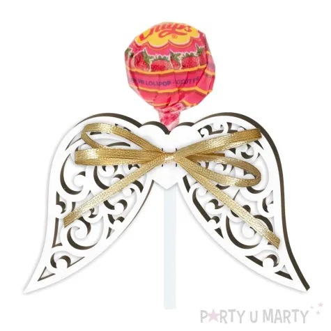 dekoracja skrzydlo aniola azurowe na lizak biala 8 cm