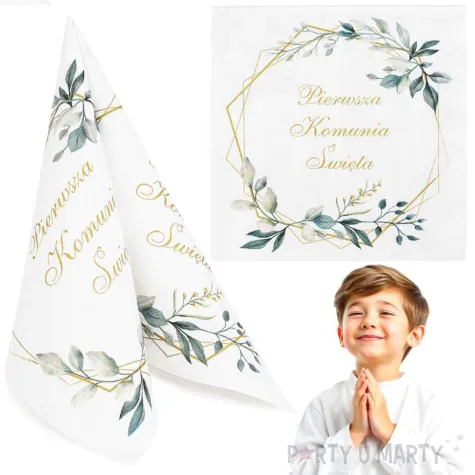dekoracja stolu na pierwsza komunie swieta serwetki papierowe liscie w ramie paw 33 cm x20