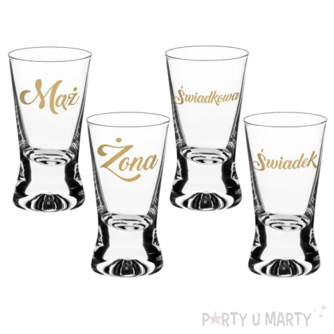 dekoracja stolu na wesele oszukane slubne kieliszki do wodki maz zona swiadek swiadkowa x4