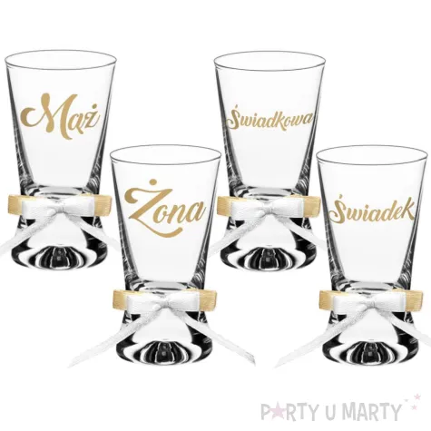 dekoracja stolu na wesele oszukane slubne kieliszki do wodki maz zona swiadek swiadkowa x4